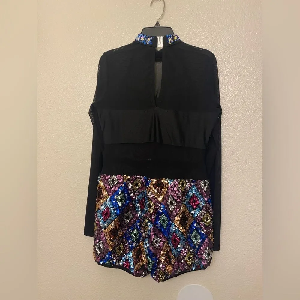 Glamour solo custom dance costume black blue leotard rhinestone LA-Large adult